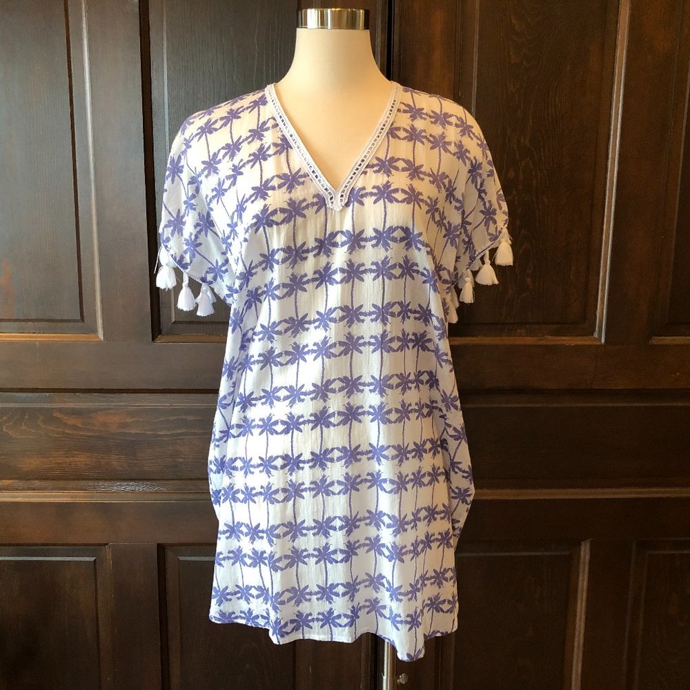 Z&L Europe Tunic Top Swim Cover Tassel Trim Blue Palms NWOT Women's Size S/M